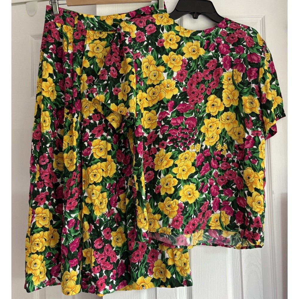 Vintage 80โs Mom Grandma Shirt & Midi Skirt Set Pink Yellow Floral Set 10/12
